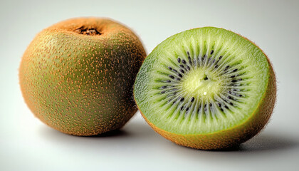 Fototapeta premium Two Fresh Kiwis, One Whole and One Halved, Studio Shot