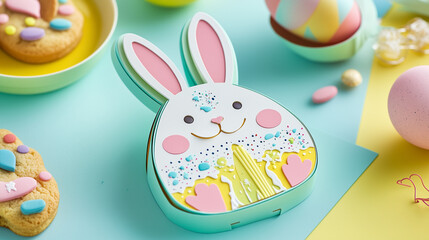A cute bunny with pastel colors celebrating springtime, surrounded by colorful decorations for a spring holiday and spring event filled with spring joy.