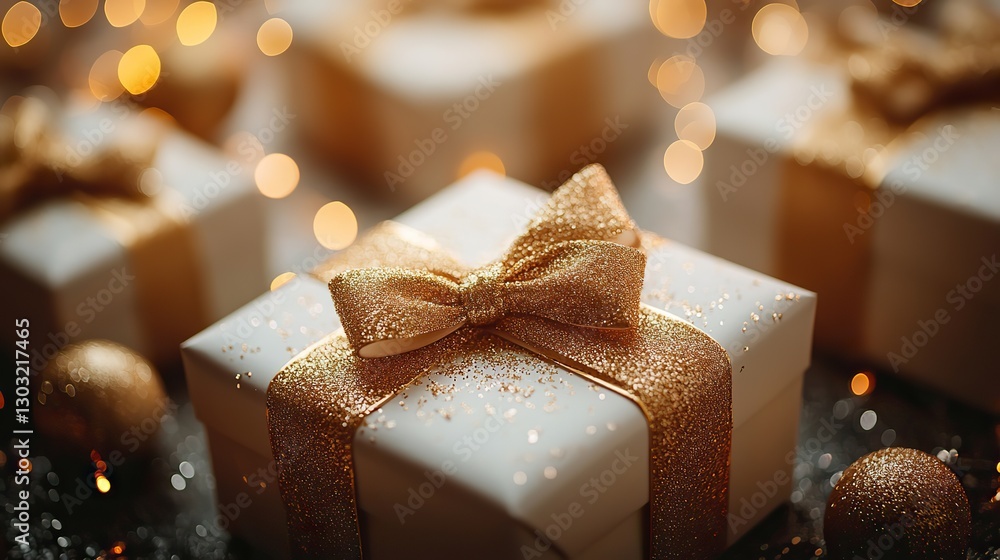 Poster white gift boxes with golden bow on bokeh background with copy space