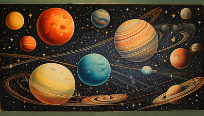 Cosmic Dreamscape &ndash; A Whimsical Vintage Space Painting

