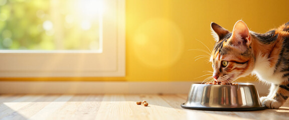 Curious cat eating dry food beside stainless steel bowl in bright kitchen, joy of pet ownership