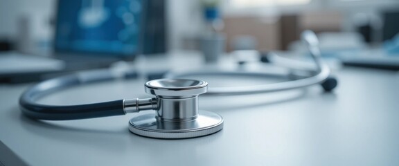 Stethoscope resting on a doctors desk with blurred medical equipment