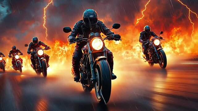Motorcycle Rally with Thunder: A squadron of motorcycle riders, silhouetted against a dramatic backdrop of lightning and fire. They are speeding down a blurred road at night.