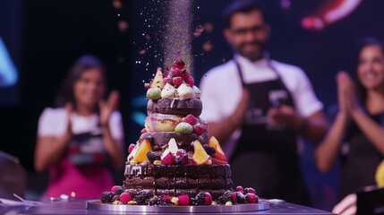 A colorful birthday cake with a cake topper and slices displayed at a birthday party, featuring cake decoration and dessert as party food.