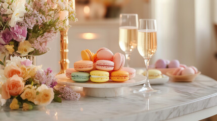 Elegant wedding reception with bride and groom, decorated party table featuring interior decor, delicious confectionery, dessert, and party planning.