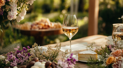 Enjoy leisure time at a sunny wine event with wine tasting, gourmet food, and a wine bottle on a rustic table amidst beautiful scenery.