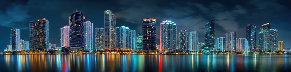 Vibrant Miami Night: An Urban Skyline Panorama Showcasing Iconic Architecture and Skyscrapers