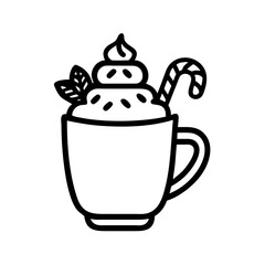 Obraz premium Minimalist black and white icon of a festive hot drink with whipped cream, mint, and candy cane