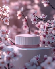 white cosmetic cream a minimalist podium by delicate cherry blossom with pink and white flowers, soft natural lighting, dreamy background, elegant and luxurious composition, clean and aesthetic style