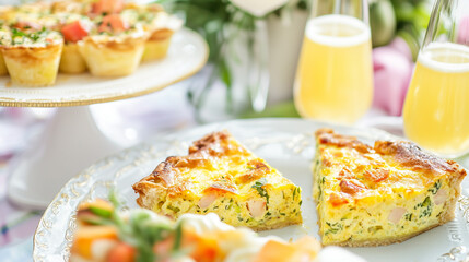 A delicious slice of vegetable quiche served on a plate with a fork in a cozy restaurant dining room, featuring vegetables, tasty cuisine, and delicious food.