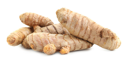 Pile of fresh turmeric roots isolated on white