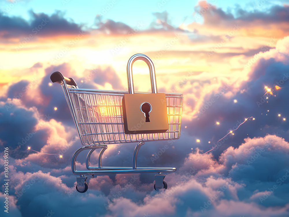 Poster secured shopping in the sky: an artistic representation of online security features a shopping cart 