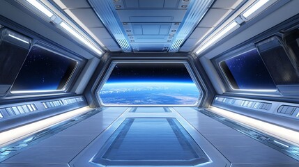 Obraz premium Spaceship corridor with Earth view.