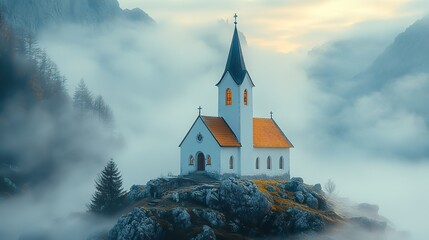 church on the top of the mountain in clouds retro style