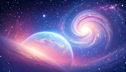 Fantasy Space Scene with Soft Pastel Planets

