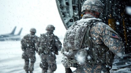 Naklejka premium A group of soldiers are standing outside of a plane in the snow
