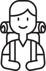 Smiling hiker with a backpack and gear line icon