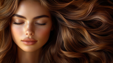 Obraz premium Captivating close-up portrait of a young woman with flowing hair lying gracefully with closed eyes