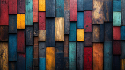 Vibrant abstract aged wood texture with stacked wooden blocks on a wall. A colorful, artistic architectural background featuring rich textures and layered wooden elements for creative designs