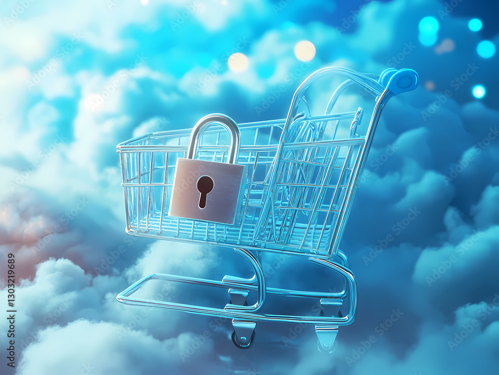 Poster secure shopping cart: a conceptual image featuring a shopping cart, its security underscored by a lo