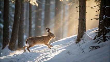 A winter hare darting through a snowy forest, with sunlight creating a dappled effect on the ground 