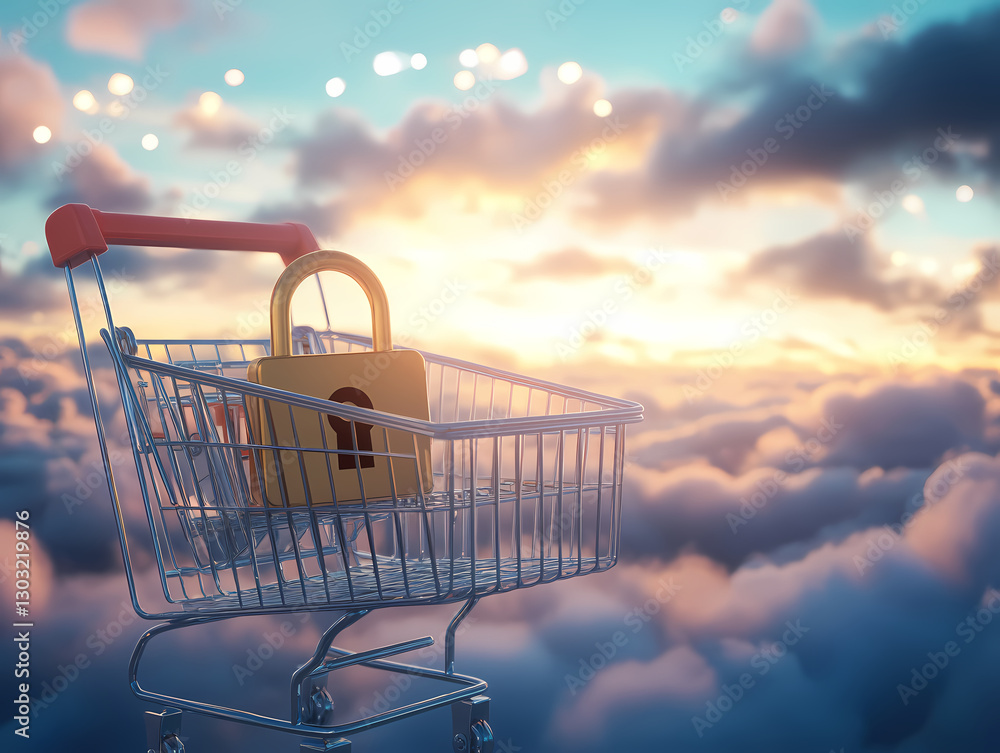 Poster secure shopping in the clouds: a surreal representation of online security, a shopping cart cradles 
