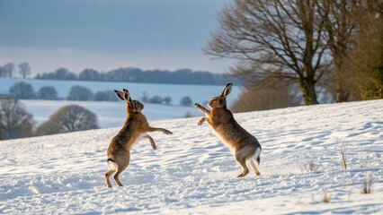 Fototapeta premium Two hares grooming each other in a quiet, snowy clearing, with natural light illuminating the scene