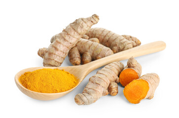 Turmeric powder in spoon and roots isolated on white