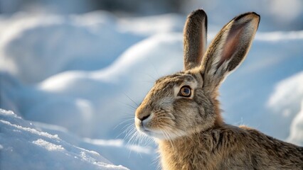 Obraz premium A close-up of a hare's face, with its long ears framed by a snowy backdrop and gentle natural light