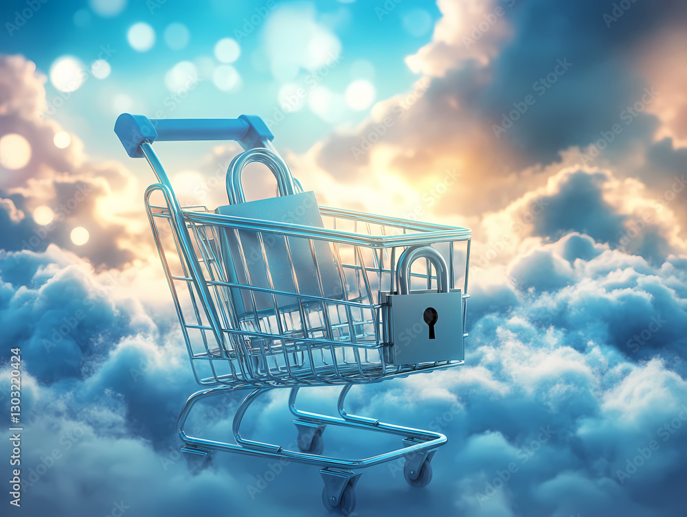 Poster secured shopping: a shopping cart is secured by locks floating amongst fluffy clouds in a surreal dr