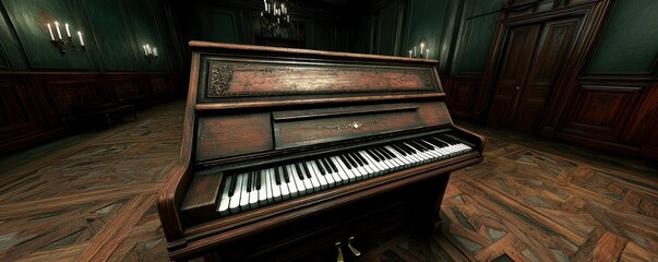 Close-up view of a vintage piano in an elegant room setting.