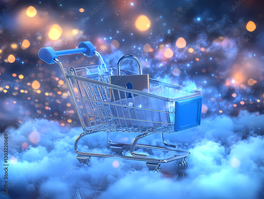 Poster secure shopping cart: a conceptual image portraying a locked shopping cart in a surreal environment,