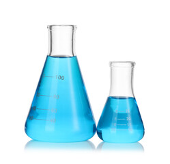 Flasks with blue liquid isolated on white