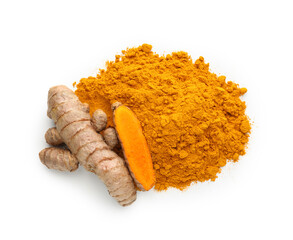 Pile of turmeric powder and roots isolated on white, top view