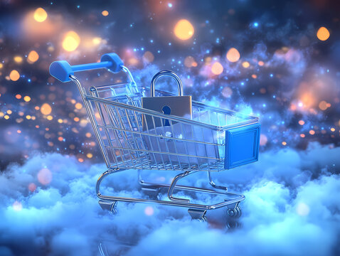 Secure Shopping Cart: A conceptual image portraying a locked shopping cart in a surreal environment, symbolizing the security of online purchases and data protection.