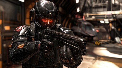 A man in a black suit with a red stripe on his chest is holding a gun