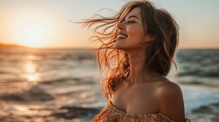 Fototapeta premium Woman in a summer dress standing by the ocean, wind blowing her hair, golden hour lighting