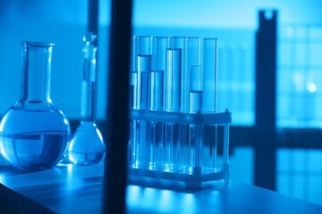 Laboratory glassware with liquid on shelf indoors. Color toned effect