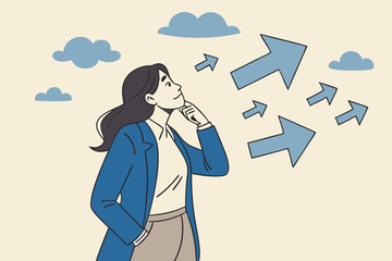 Tough decisions, choosing career path, make choices or think about final result, business directions challenge, confusion or decide options concept, businesswoman thinking and make business decisions.