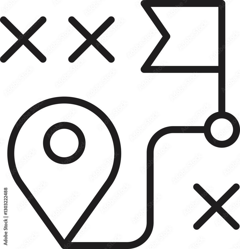 Poster map with location marker and path symbols line icon