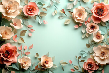 Elegant floral paper cutout frame with pastel roses and leaves on a mint green background. Concept of romantic design, wedding invitations, and decorative stationery.