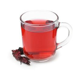 Delicious hibiscus tea in glass cup and dry roselle sepals isolated on white