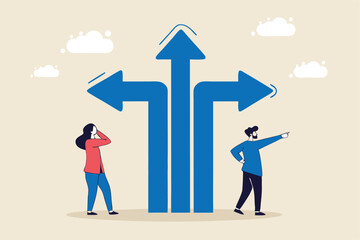 Direction choice, crossroad or decision for career path, choosing path way, challenge or opportunity doubt, determination or tough decision concept, business people thinking on difference career path.