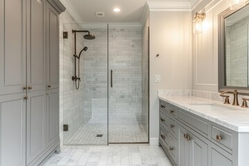 Spacious Bathroom Retreat Featuring a Stylish Large Shower with Marble Tiles and Sleek Glass Walls