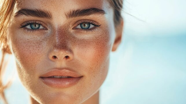Beautiful woman with freckles looks directly at viewer.