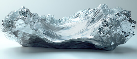 A wave formation with crystalline and smooth textures in shades of silver and white against a neutral background. Generative AI.