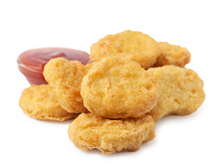 Tasty chicken nuggets with sauce isolated on white