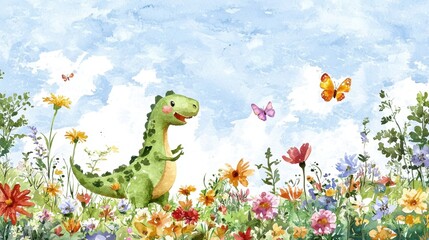 A dinosaur is in a field of flowers with butterflies flying around it