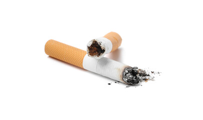 Two cigarette butts isolated on white. Smoking habit