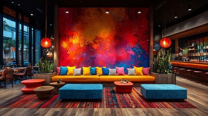 Vibrant Lounge Interior with Colorful Art Wall, Modern Furniture, and Warm Ambient Lighting in a Caf&eacute; Setting